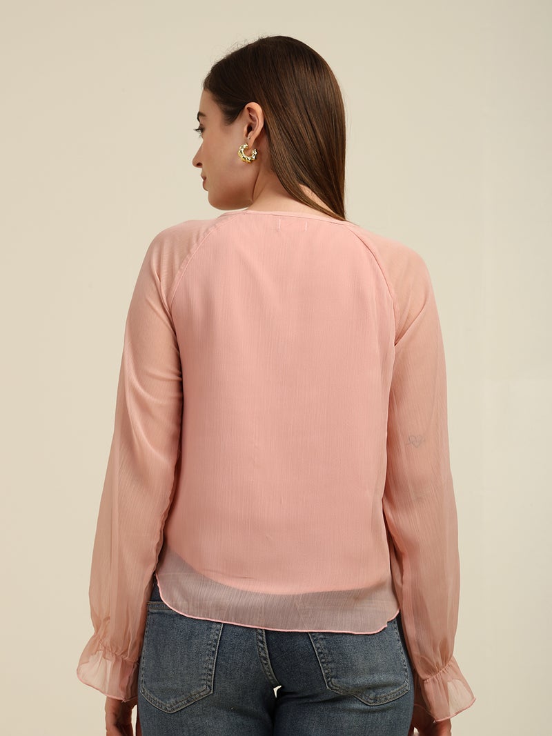 7OUNCE Chiffon Top for Women - Pink Ruffle Neck - Image 5